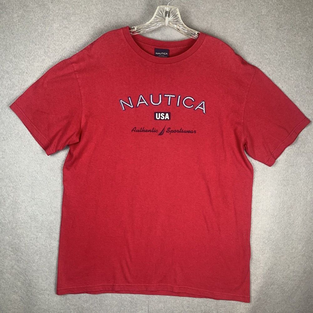 Vintage 90's Y2K Nautica USA Authentic Sportswear T-Shirt Red Embroidered Size L